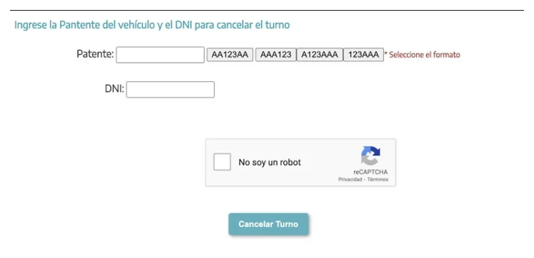 Pantalla para cancelar el turno de la VTV en Loma Hermosa con patente y DNI