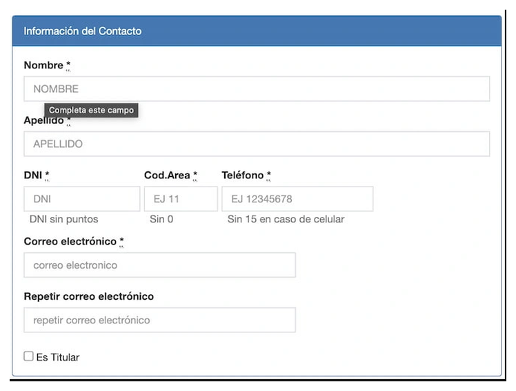 Paso 2 para sacar turno de la VTV en Loma Hermosa: información del contacto